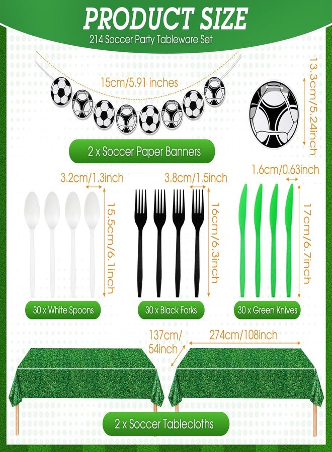 Domensi 214 Pcs Soccer Party Decorations Supplies Includes Soccer Paper Plates and Napkins, Cups, Tablecloths, Cutlery, Banner for Sports Birthday Party Decorations, Serves 30 Guests - Image 4